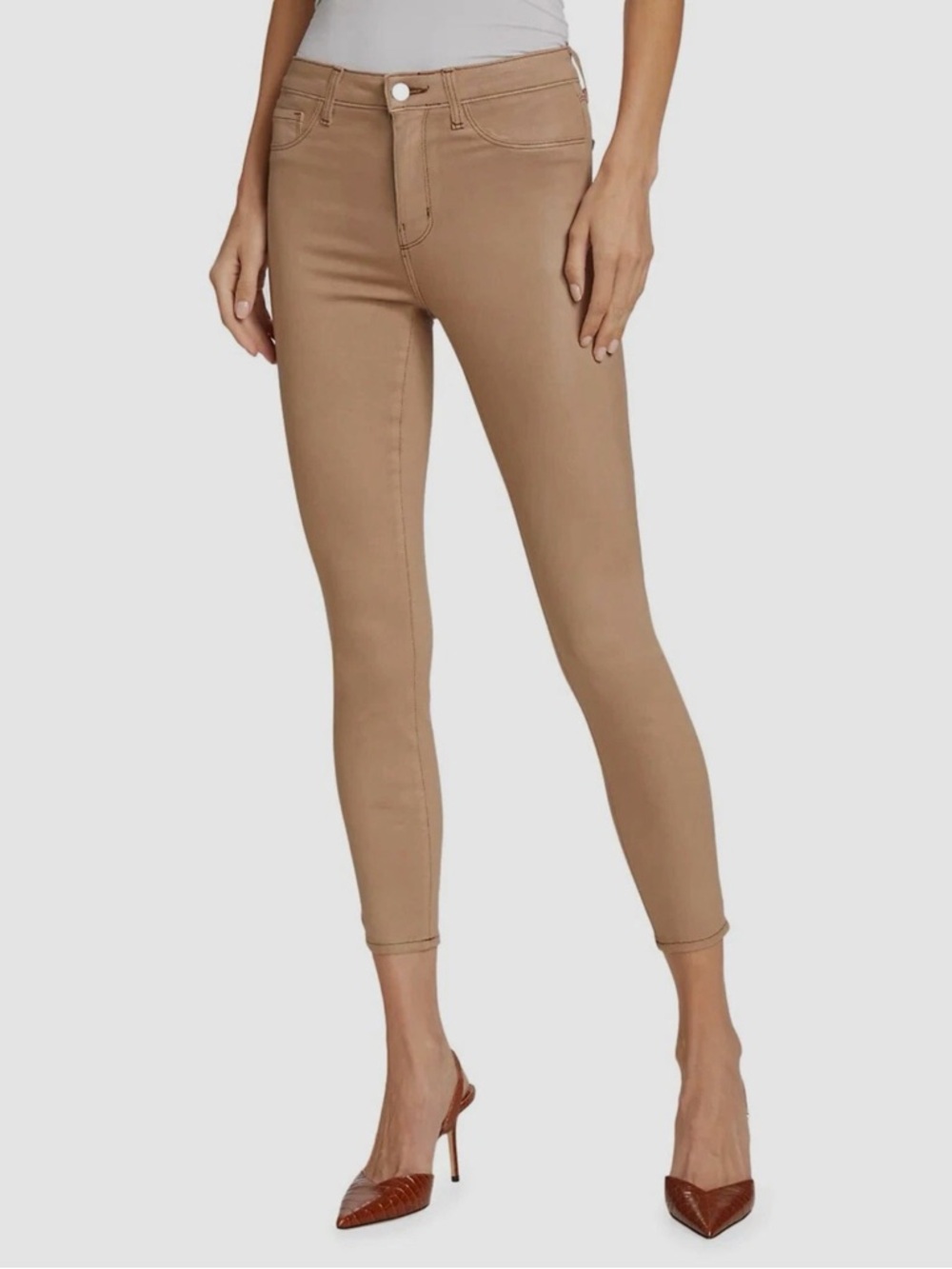 NWT L'Agence Margot High Rise Coated Cappuccino Brown‎ Skinny Jeans